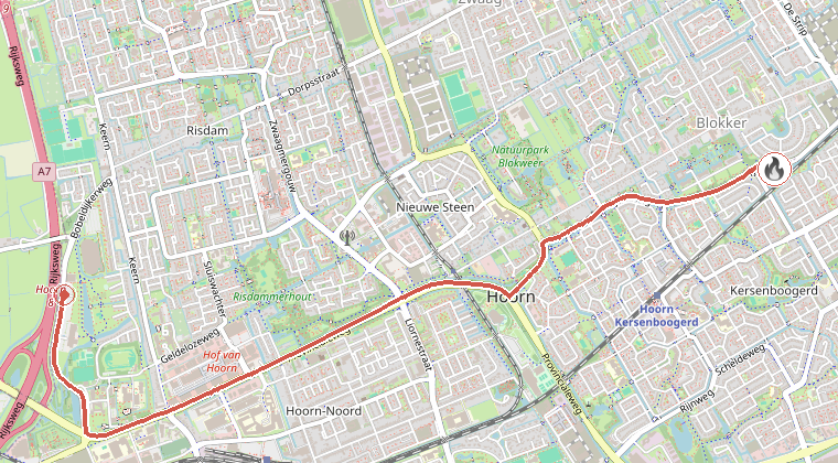 Kaart van de omgeving van de melding, met de kazerne die is gealarmeerd