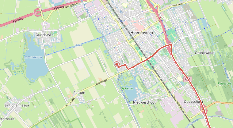 Kaart van de omgeving van de melding, met de kazerne die is gealarmeerd