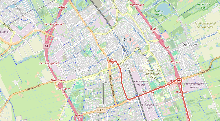Kaart van de omgeving van de melding, met de kazerne die is gealarmeerd