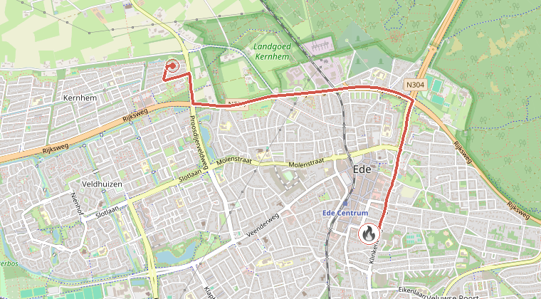 Kaart van de omgeving van de melding, met de kazerne die is gealarmeerd