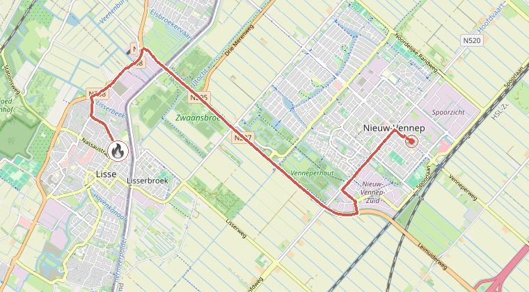 Kaart van de omgeving van de melding, met de kazerne die is gealarmeerd