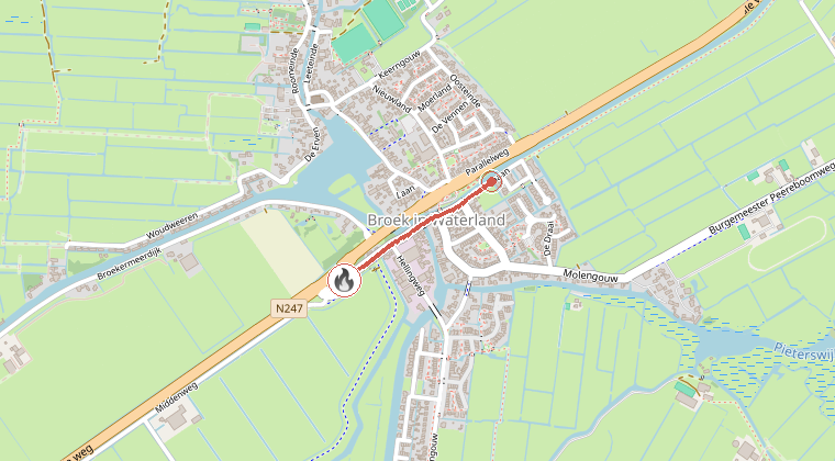 Kaart van de omgeving van de melding, met de kazerne die is gealarmeerd