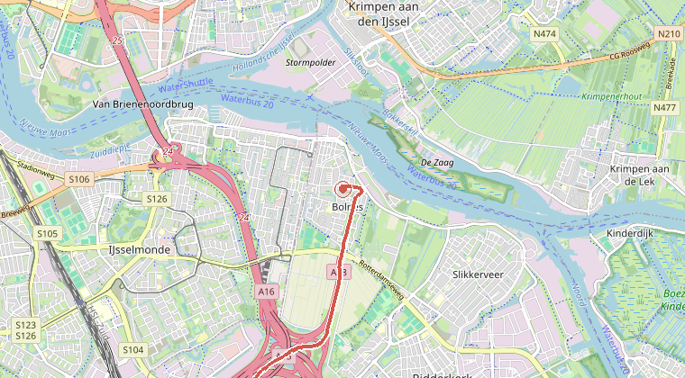 Kaart van de omgeving van de melding, met de kazerne die is gealarmeerd