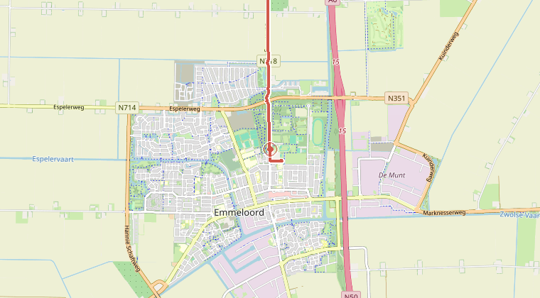 Kaart van de omgeving van de melding, met de kazerne die is gealarmeerd