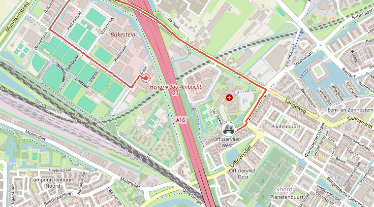 Kaart van de omgeving van de melding, met de kazerne die is gealarmeerd