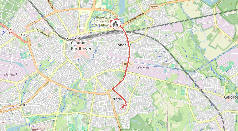 Kaart van de omgeving van de melding, met de kazerne die is gealarmeerd
