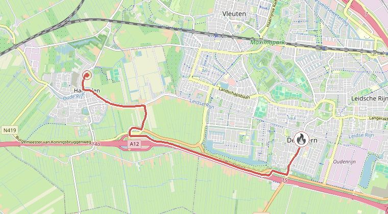 Kaart van de omgeving van de melding, met de kazerne die is gealarmeerd