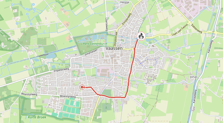 Kaart van de omgeving van de melding, met de kazerne die is gealarmeerd