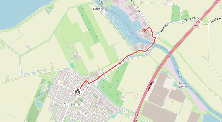 Kaart van de omgeving van de melding, met de kazerne die is gealarmeerd
