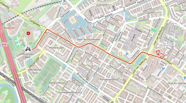 Kaart van de omgeving van de melding, met de kazerne die is gealarmeerd