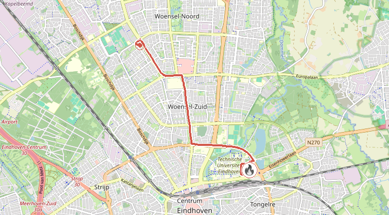 Kaart van de omgeving van de melding, met de kazerne die is gealarmeerd