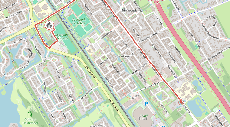 Kaart van de omgeving van de melding, met de kazerne die is gealarmeerd
