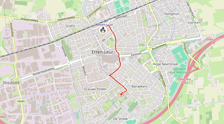 Kaart van de omgeving van de melding, met de kazerne die is gealarmeerd
