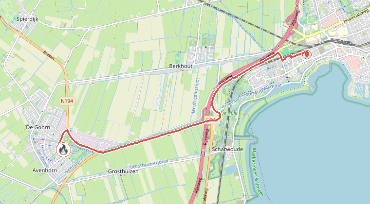 Kaart van de omgeving van de melding, met de kazerne die is gealarmeerd