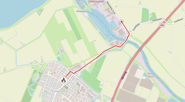 Kaart van de omgeving van de melding, met de kazerne die is gealarmeerd