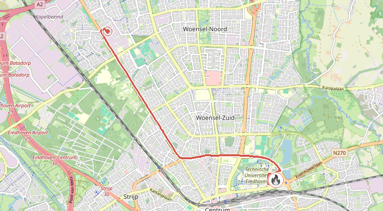Kaart van de omgeving van de melding, met de kazerne die is gealarmeerd