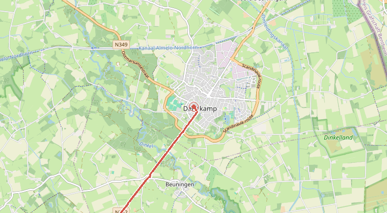 Kaart van de omgeving van de melding, met de kazerne die is gealarmeerd