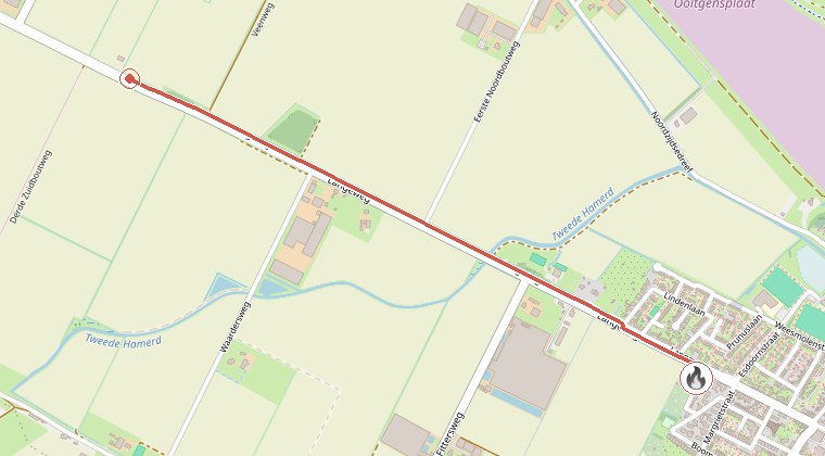 Kaart van de omgeving van de melding, met de kazerne die is gealarmeerd