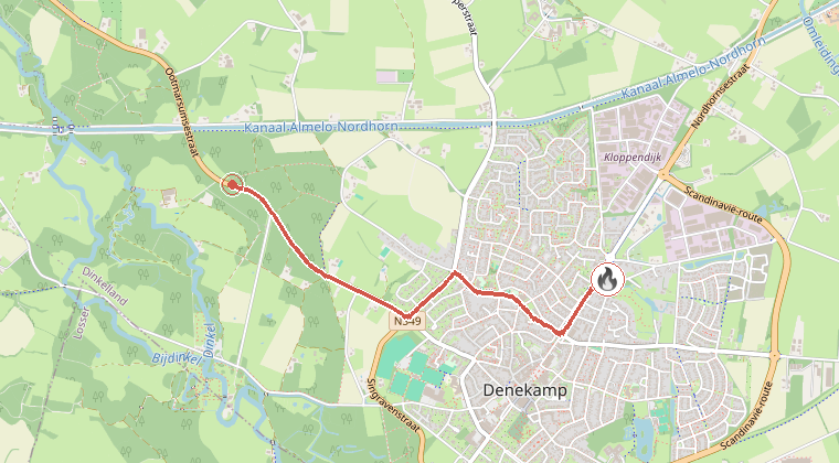 Kaart van de omgeving van de melding, met de kazerne die is gealarmeerd