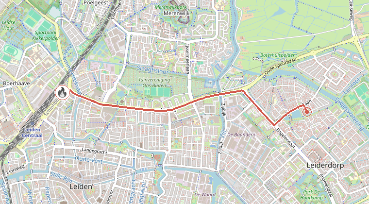 Kaart van de omgeving van de melding, met de kazerne die is gealarmeerd