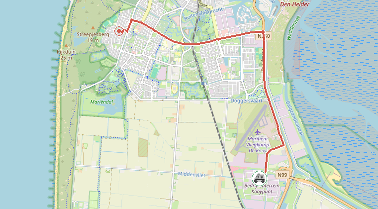 Kaart van de omgeving van de melding, met de kazerne die is gealarmeerd
