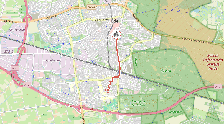 Kaart van de omgeving van de melding, met de kazerne die is gealarmeerd
