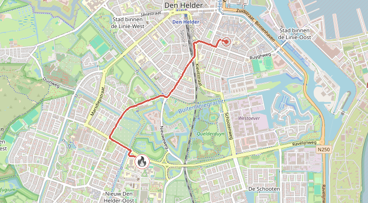 Kaart van de omgeving van de melding, met de kazerne die is gealarmeerd