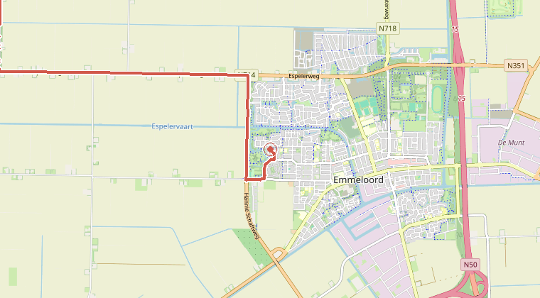 Kaart van de omgeving van de melding, met de kazerne die is gealarmeerd