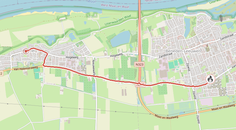Kaart van de omgeving van de melding, met de kazerne die is gealarmeerd