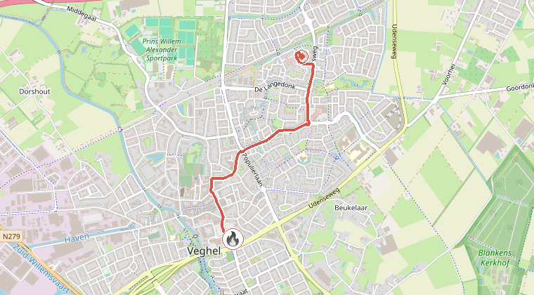 Kaart van de omgeving van de melding, met de kazerne die is gealarmeerd