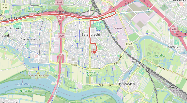 Kaart van de omgeving van de melding, met de kazerne die is gealarmeerd