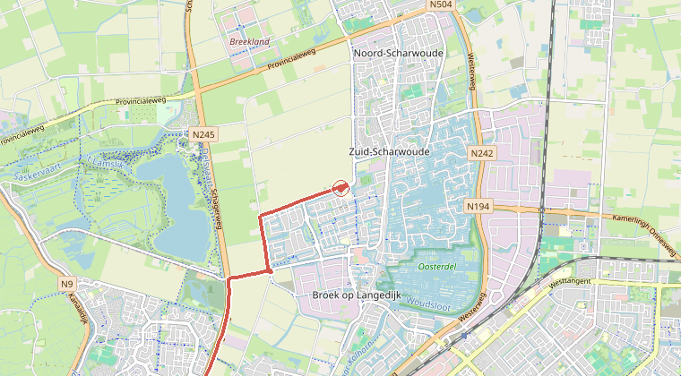 Kaart van de omgeving van de melding, met de kazerne die is gealarmeerd