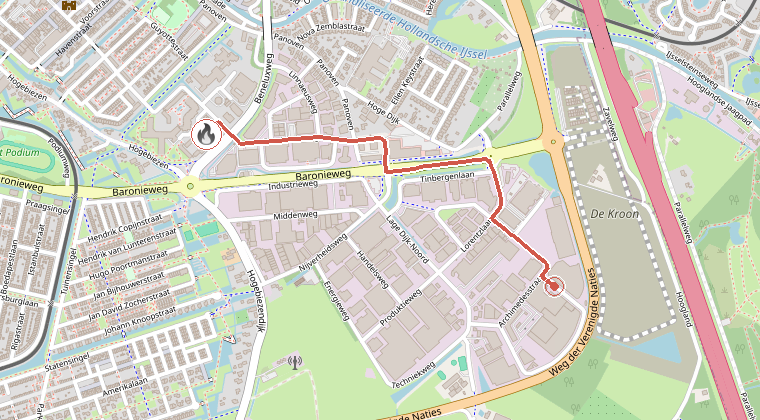 Kaart van de omgeving van de melding, met de kazerne die is gealarmeerd