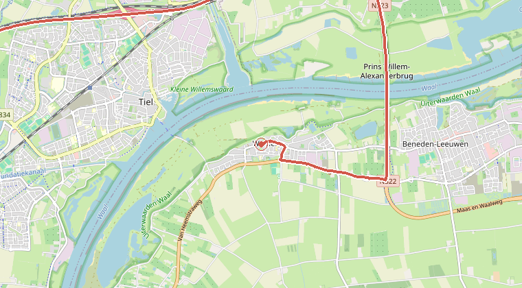 Kaart van de omgeving van de melding, met de kazerne die is gealarmeerd