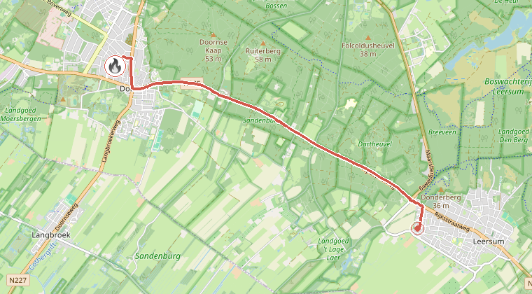Kaart van de omgeving van de melding, met de kazerne die is gealarmeerd
