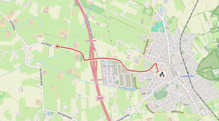 Kaart van de omgeving van de melding, met de kazerne die is gealarmeerd