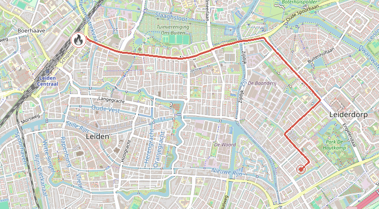 Kaart van de omgeving van de melding, met de kazerne die is gealarmeerd
