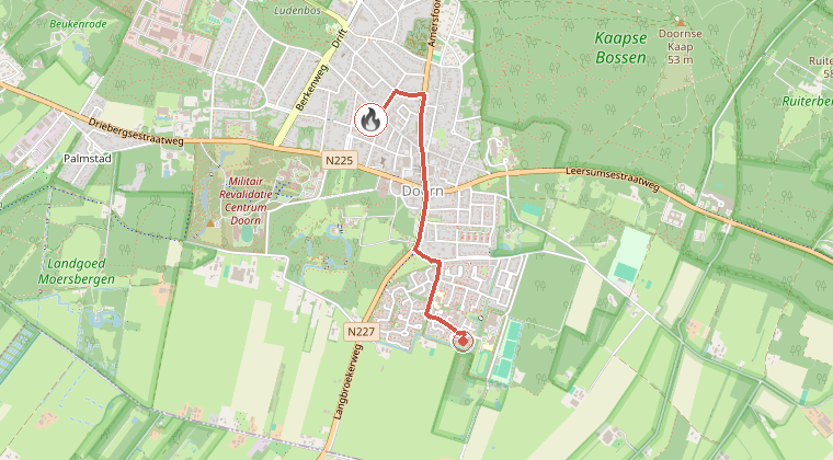 Kaart van de omgeving van de melding, met de kazerne die is gealarmeerd