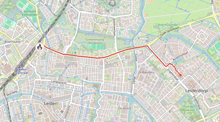 Kaart van de omgeving van de melding, met de kazerne die is gealarmeerd