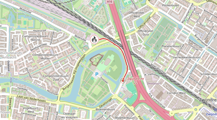 Kaart van de omgeving van de melding, met de kazerne die is gealarmeerd