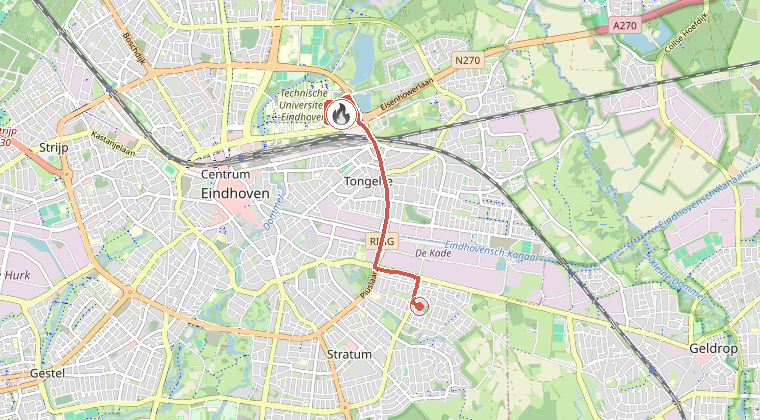 Kaart van de omgeving van de melding, met de kazerne die is gealarmeerd