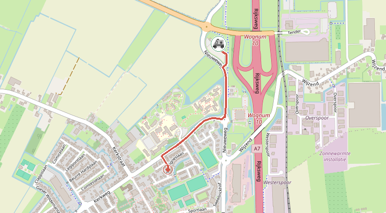 Kaart van de omgeving van de melding, met de kazerne die is gealarmeerd