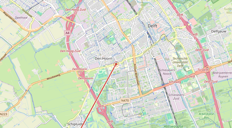Kaart van de omgeving van de melding, met de kazerne die is gealarmeerd