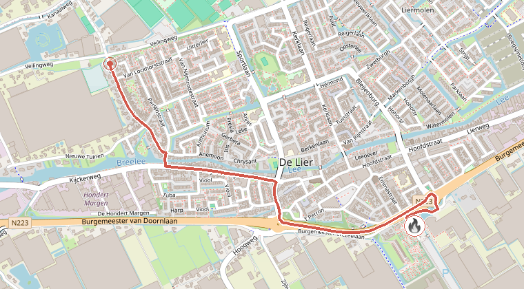 Kaart van de omgeving van de melding, met de kazerne die is gealarmeerd