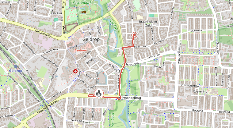 Kaart van de omgeving van de melding, met de kazerne die is gealarmeerd