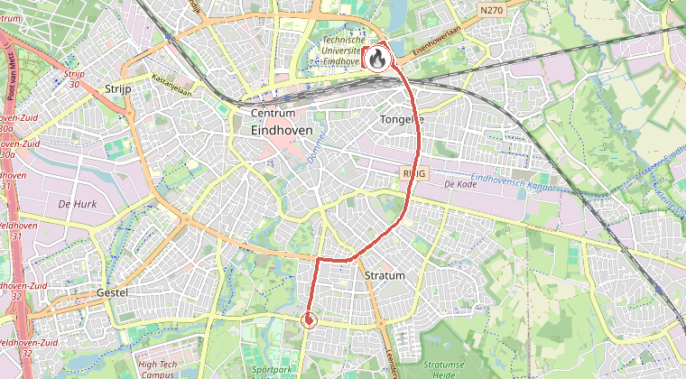 Kaart van de omgeving van de melding, met de kazerne die is gealarmeerd