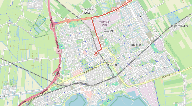 Kaart van de omgeving van de melding, met de kazerne die is gealarmeerd