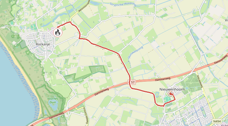 Kaart van de omgeving van de melding, met de kazerne die is gealarmeerd