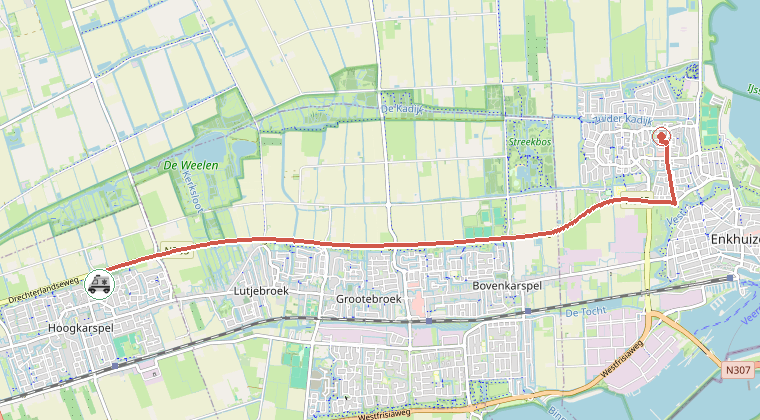 Kaart van de omgeving van de melding, met de kazerne die is gealarmeerd