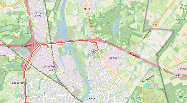 Kaart van de omgeving van de melding, met de kazerne die is gealarmeerd